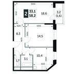 Планировка 2-комнатной квартиры, 58,2 м2