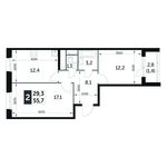 Планировка 2-комнатной квартиры, 55,7 м2