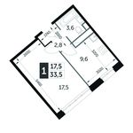 Планировка 1-комнатной квартиры, 33,5 м2