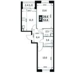 Планировка 2-комнатной квартиры, 53,8 м2