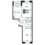 Планировка 2-комнатной квартиры, 52,4 м2