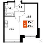 Планировка 1-комнатной квартиры, 34 м2