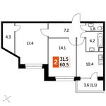 Планировка 2-комнатной квартиры, 60,5 м2