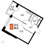 Планировка 1-комнатной квартиры, 36 м2