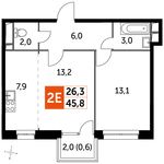 Планировка 2-комнатной квартиры, 45,8 м2