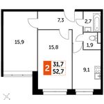 Планировка 2-комнатной квартиры, 52,7 м2