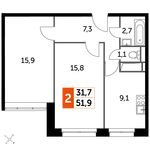 Планировка 2-комнатной квартиры, 51,9 м2