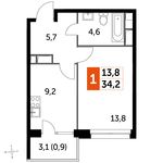 Планировка 1-комнатной квартиры, 34,2 м2