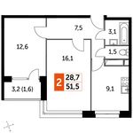 Планировка 2-комнатной квартиры, 51,5 м2
