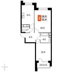 Планировка 2-комнатной квартиры, 52,4 м2