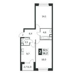 Планировка 2-комнатной квартиры, 56,6 м2