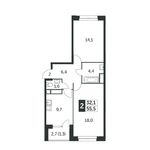 Планировка 2-комнатной квартиры, 56 м2