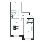 Планировка 2-комнатной квартиры, 58,6 м2