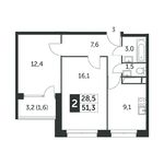 Планировка 2-комнатной квартиры, 51,4 м2