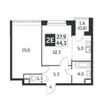 Планировка 2-комнатной квартиры, 44,2 м2