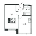 Планировка 1-комнатной квартиры, 38,2 м2