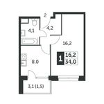 Планировка 1-комнатной квартиры, 34,1 м2