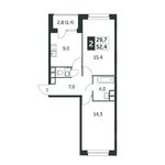Планировка 2-комнатной квартиры, 52,5 м2