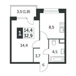 Планировка 1-комнатной квартиры, 33 м2
