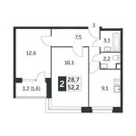 Планировка 2-комнатной квартиры, 52,1 м2