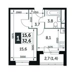 Планировка 1-комнатной квартиры, 32,6 м2