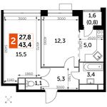 Планировка 2-комнатной квартиры, 43,4 м2