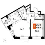 Планировка 2-комнатной квартиры, 42,9 м2