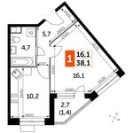 Планировка 1-комнатной квартиры, 38,1 м2