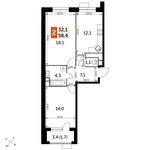 Планировка 2-комнатной квартиры, 58,4 м2