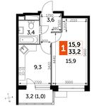 Планировка 1-комнатной квартиры, 33,2 м2