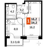 Планировка 1-комнатной квартиры, 34,2 м2