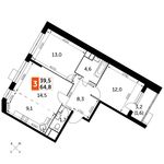 Планировка 3-комнатной квартиры, 64,8 м2