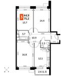 Планировка 3-комнатной квартиры, 75,2 м2
