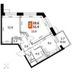 Планировка 2-комнатной квартиры, 51,4 м2