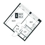 Планировка 1-комнатной квартиры, 33,3 м2