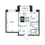 Планировка 2-комнатной квартиры, 42,9 м2