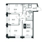 Планировка 3-комнатной квартиры, 68,8 м2