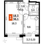 Планировка 1-комнатной квартиры, 36,1 м2