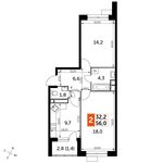 Планировка 2-комнатной квартиры, 56 м2