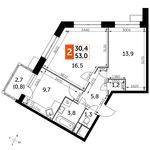 Планировка 2-комнатной квартиры, 53 м2