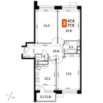 Планировка 3-комнатной квартиры, 77 м2