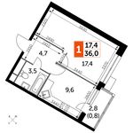 Планировка 1-комнатной квартиры, 36 м2
