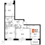 Планировка 3-комнатной квартиры, 77 м2