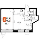 Планировка 2-комнатной квартиры, 45,5 м2