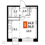 Планировка квартиры студии, 26 м2