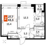 Планировка 2-комнатной квартиры, 43,3 м2