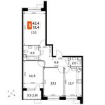 Планировка 3-комнатной квартиры, 72,4 м2