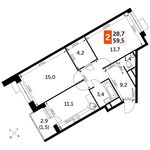 Планировка 2-комнатной квартиры, 59,5 м2