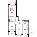 Планировка 3-комнатной квартиры, 71,5 м2