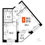 Планировка 1-комнатной квартиры, 37,6 м2